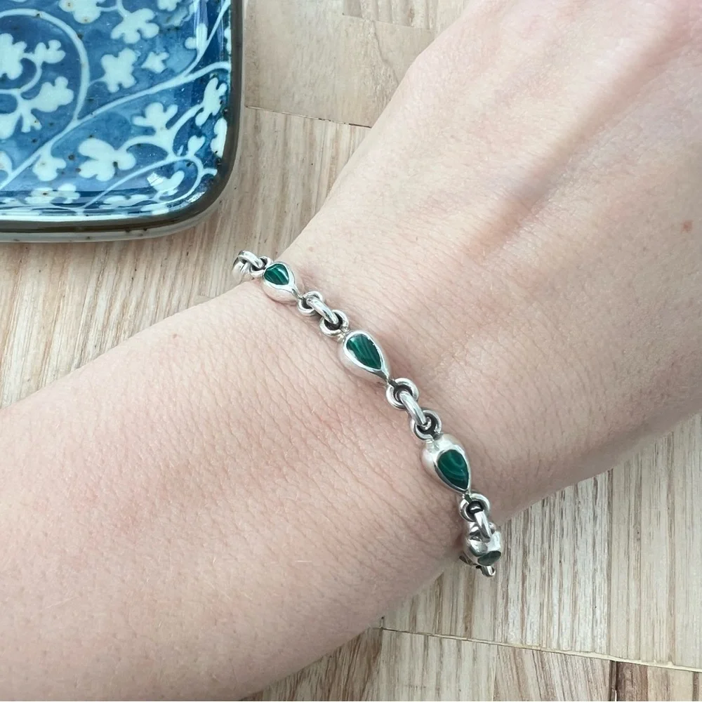Taxco Sterling silver green malachite teardrop linked bracelet anklet chain